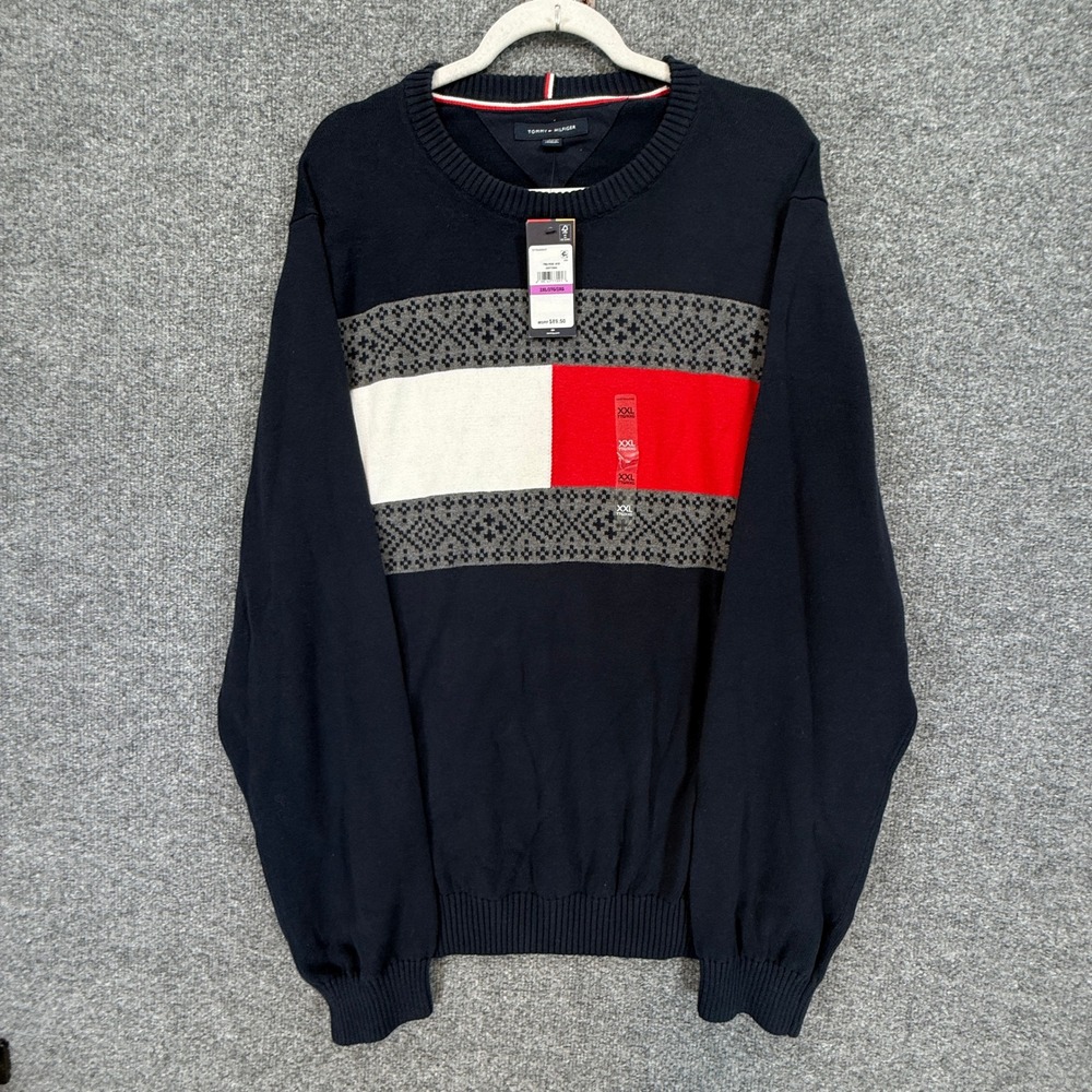 Tommy Hilfiger Sweater Mens XXL Navy Blue Colorblock Fair Isle Crewneck NEW
